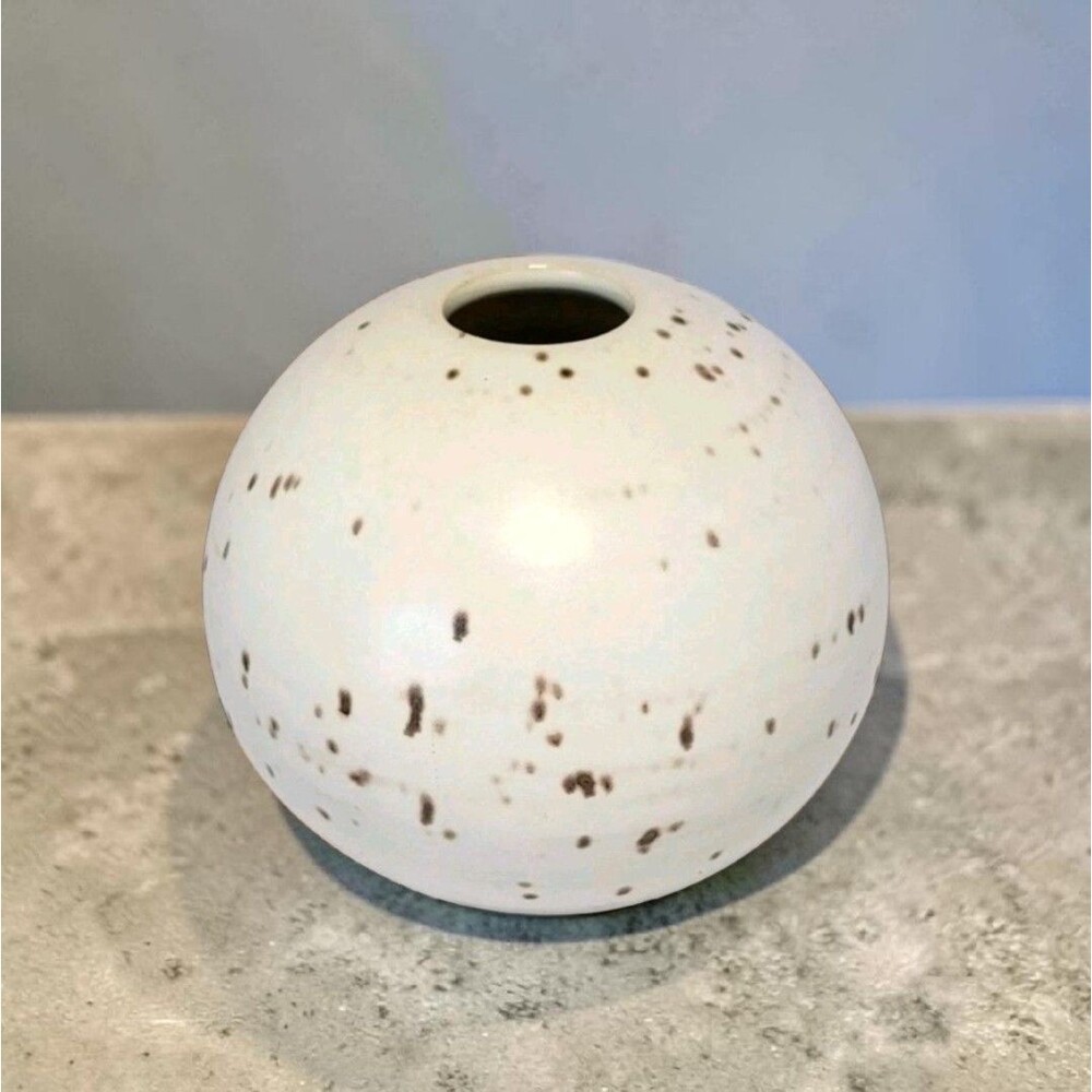 Vintage Japanese Studio Pottery Ball Vase White Brown Speckled MCM Japandi 5in